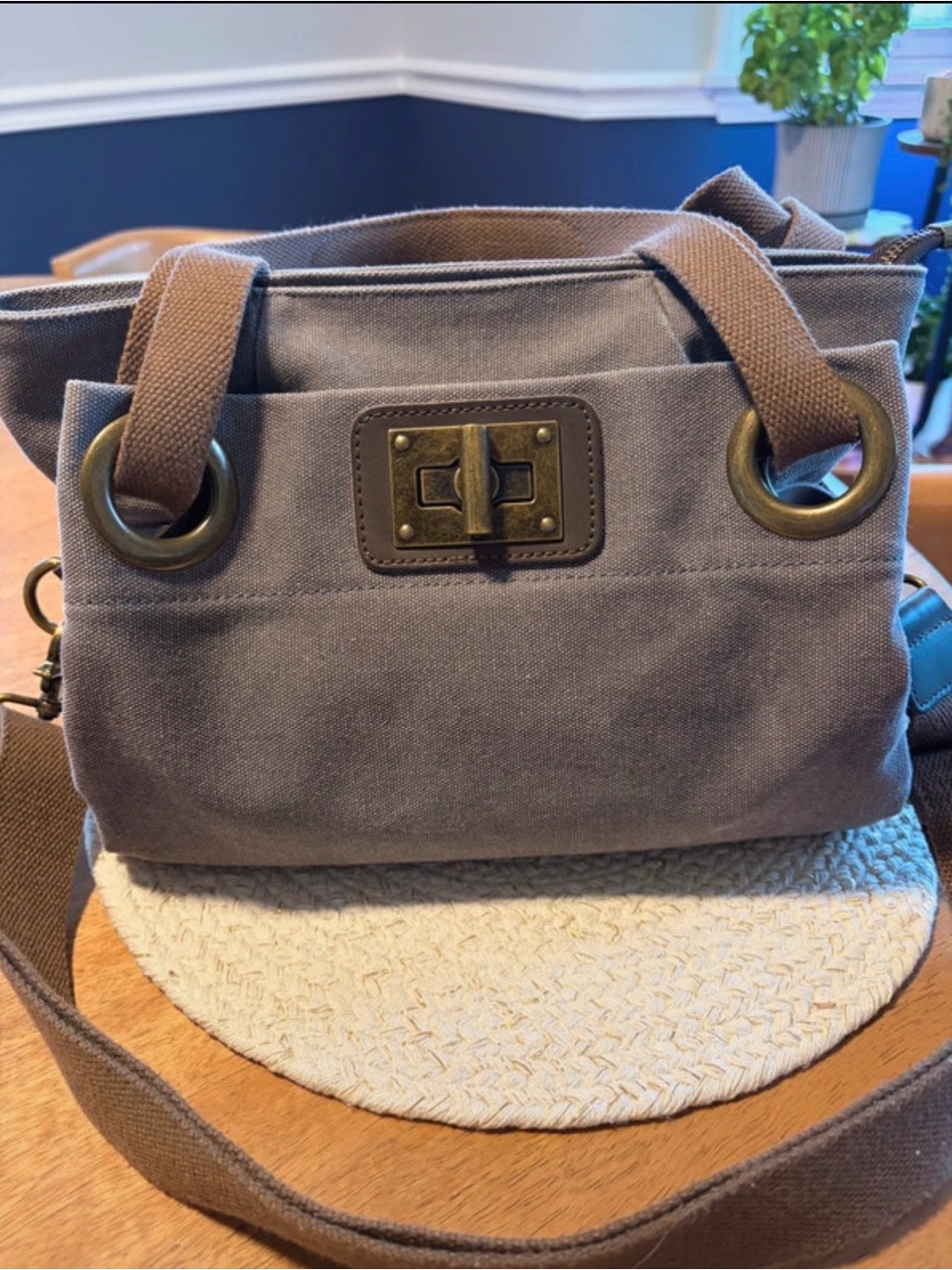 ZEDE  Canvas Crossbody Bag in Gray with Brown Accents